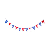 Full stars and stripes outdoor pennant banner displayed on white background showing all 12 alternating blue star and red stripe triangle pennants on cream ribbon