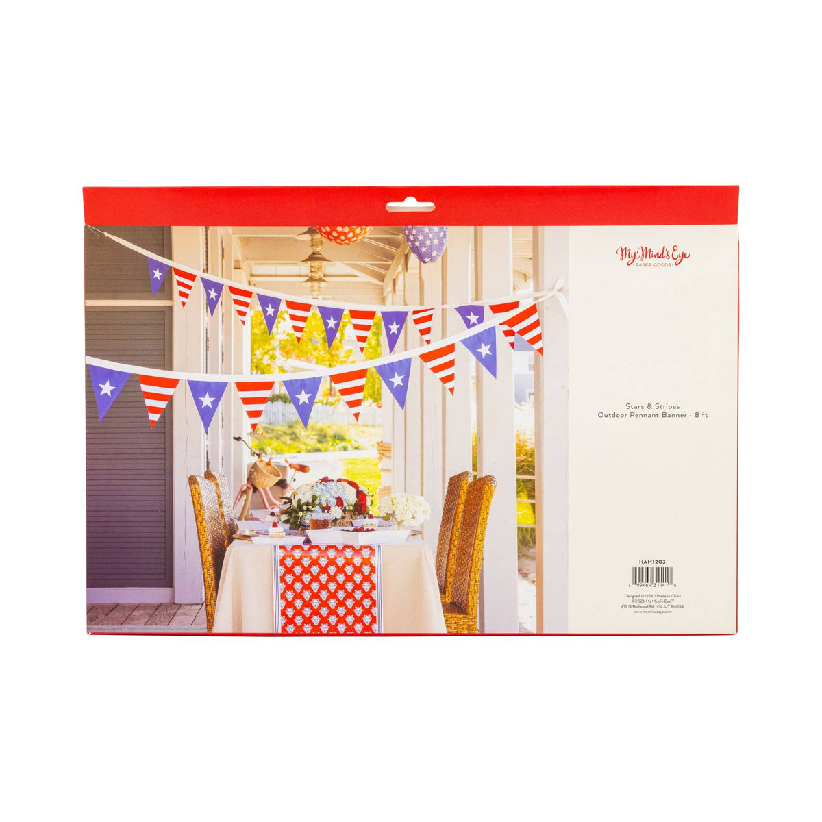 Front of retail packaging for stars and stripes outdoor pennant banner by My Mind's Eye showing lifestyle photo and item HAM1203