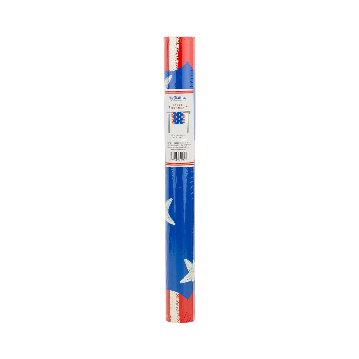 Stars and stripes paper table runner in rolled tube packaging by My Mind's Eye showing table runner label with 16 by 120 inch dimensions