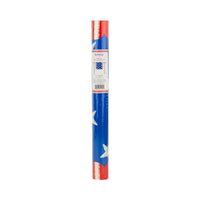 Stars and stripes paper table runner in rolled tube packaging by My Mind's Eye showing table runner label with 16 by 120 inch dimensions