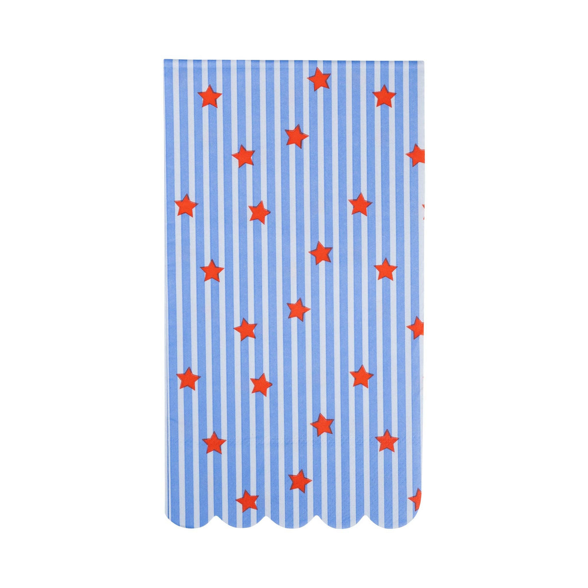 Single stars and stripes paper guest napkin laid flat showing blue and white vertical stripe pattern, scattered red stars, and scalloped bottom edge