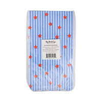 Back of packaging showing 24-count label for stars and stripes scalloped paper guest napkins by My Mind's Eye, item USA1239