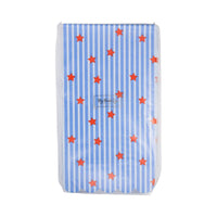 Front of sealed package of blue striped paper guest napkins with red star print