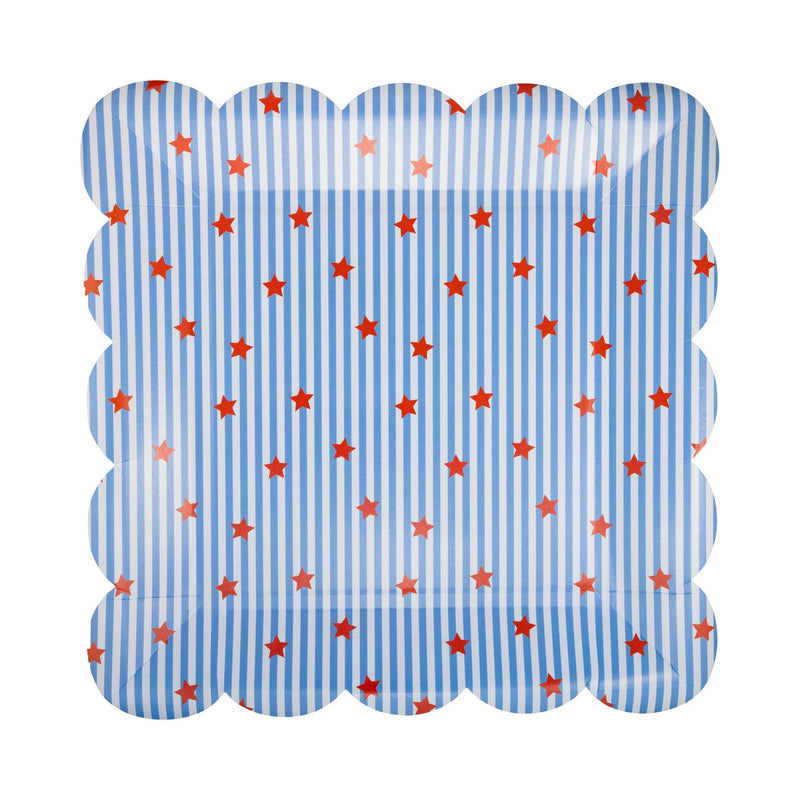Single stars and stripes scalloped square paper plate flat lay showing blue and white pinstripe pattern with scattered red stars and scalloped edge