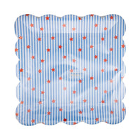 Front of packaging for stars and stripes scalloped square paper plates showing blue and white pinstripes with red stars and scalloped edge in cellophane