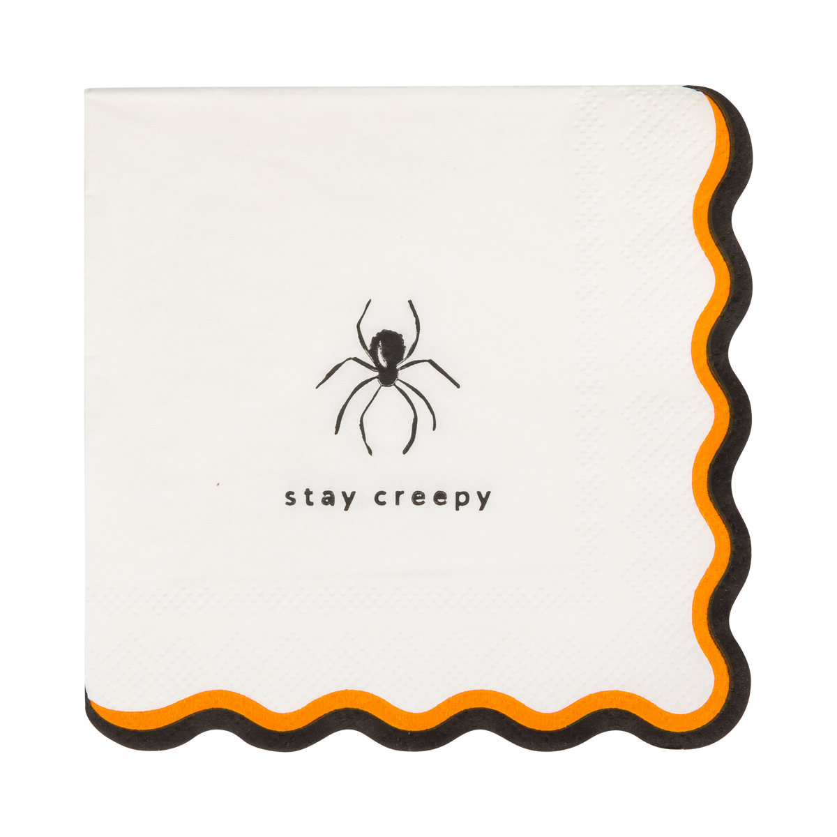 Halloween cocktail napkin featuring a spider illustration and "Stay Creepy" saying with black and orange wavy trim.