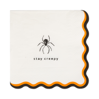 Halloween cocktail napkin featuring a spider illustration and "Stay Creepy" saying with black and orange wavy trim.