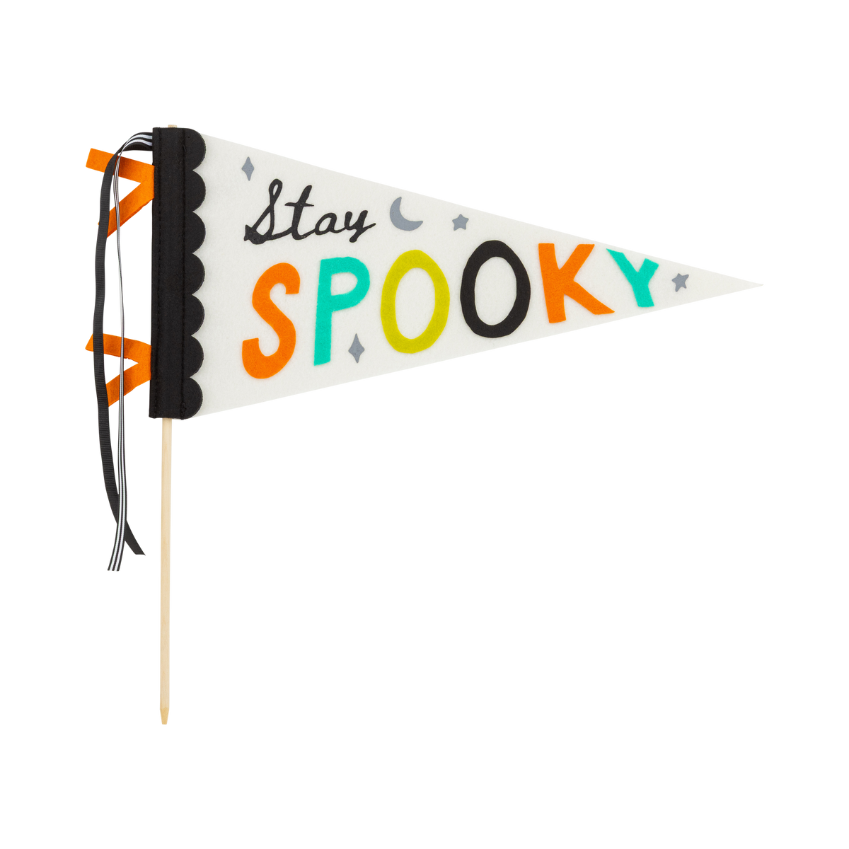 Clean product-on-white: the full "Stay Spooky" felt pennant on its wood dowel, cream triangle with black scalloped binding and black-and-cream striped plus black grosgrain ribbons; "Stay" in black script and "SPOOKY" in orange, teal, chartreuse, and black felt letters with moon and star accents. Side-on hero shot.