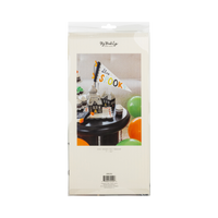 Back of the retail package: a cream sleeve with a product label reading "Stay Spooky Felt Pennant • 7" x 14½"" and item number SPS1315, plus a cover photo of the pennant in a vase among haunted house boxes and cupcakes. Straight-on packaging shot.