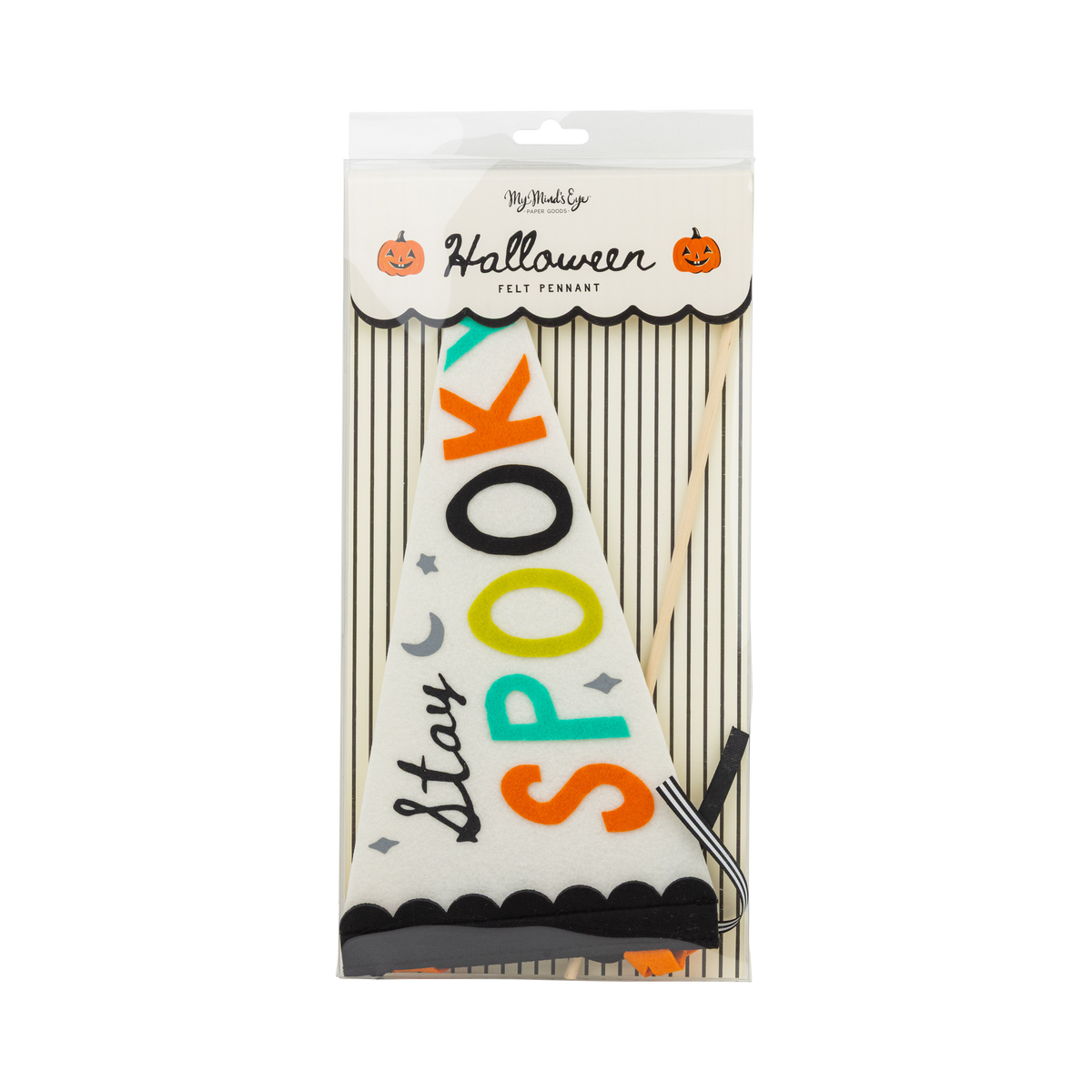 Front of the retail package: a scalloped cream header reading "Halloween • Felt Pennant" flanked by jack-o-lantern icons, with the folded "Stay Spooky" felt pennant and wood dowel visible through the window over a black pinstripe backer. Straight-on packaging shot.