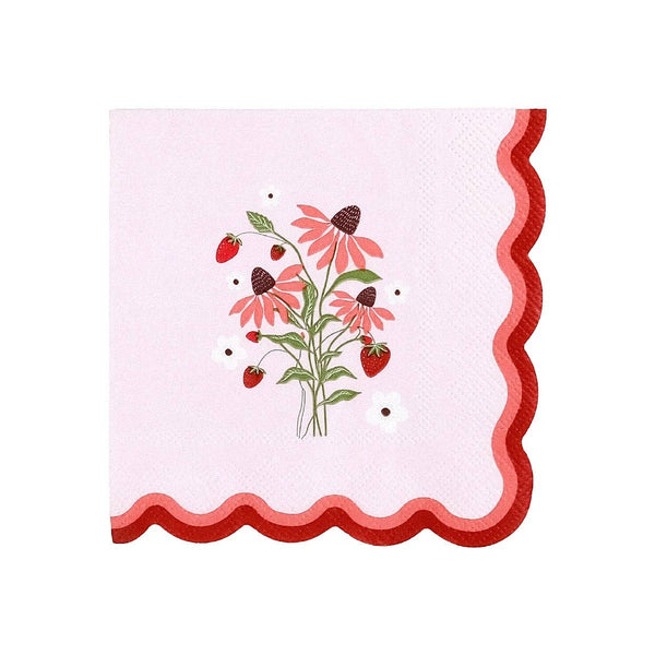 Isolated product shot of the 16ct Strawberry Cocktail Napkin showing the 5-inch scalloped silhouette.