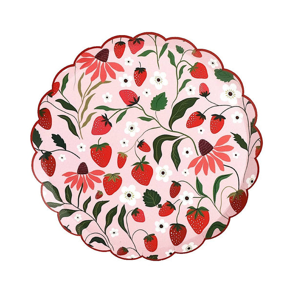A flat-lay product view of the Strawberry Paper Plates showing the 8.5-inch Scalloped Dessert Plates design.