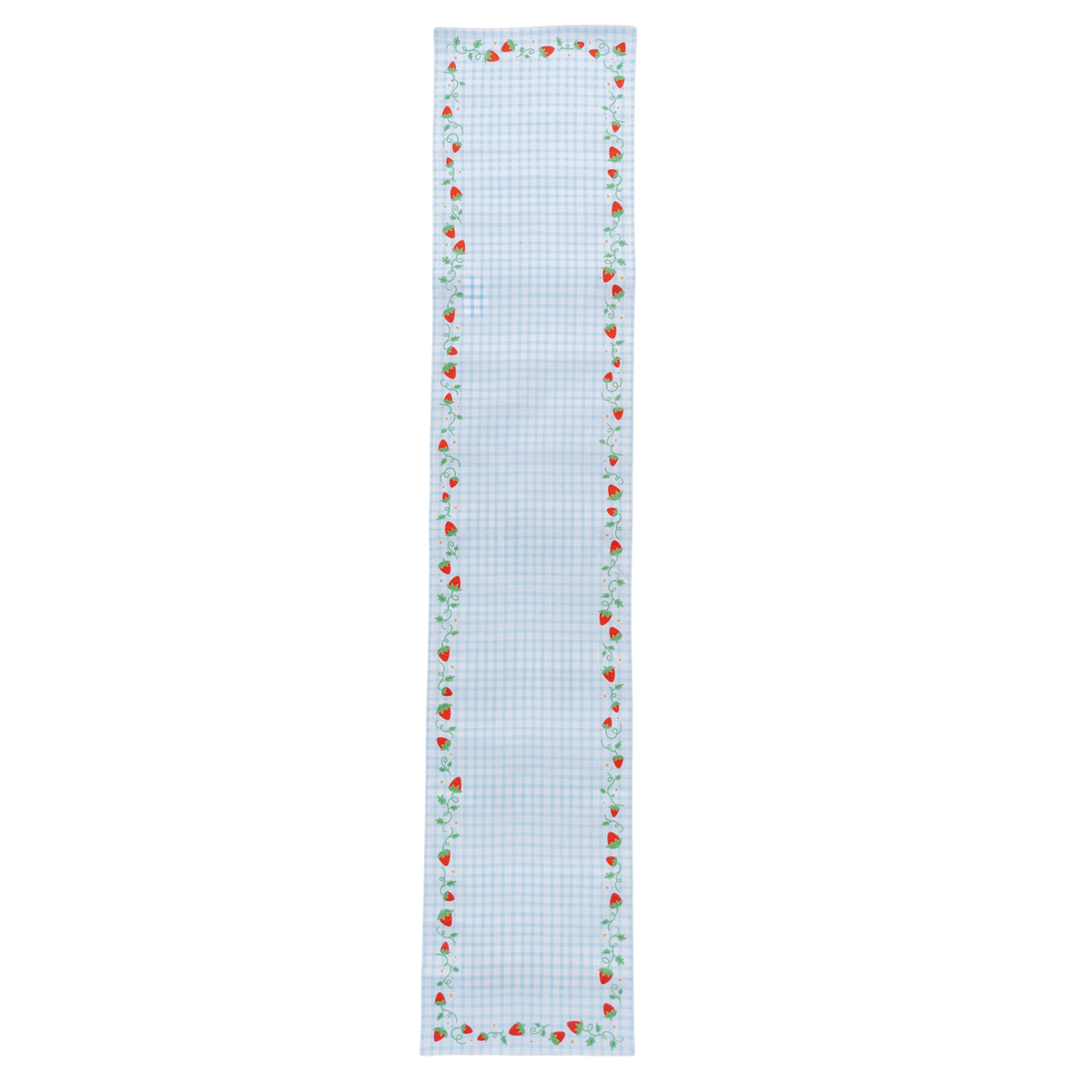 Blue gingham strawberry table runner laid flat, showing the red strawberry and green vine border on a light blue check ground.