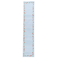 Blue gingham strawberry table runner laid flat, showing the red strawberry and green vine border on a light blue check ground.