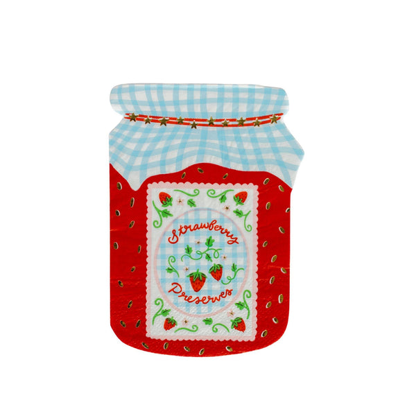 Single strawberry jam jar shaped die-cut paper cocktail napkin on a white background showing the blue gingham lid with red-and-gold star band, red jar body with gold strawberry seed accents, and scalloped white center label reading "Strawberry Preserves" in red script