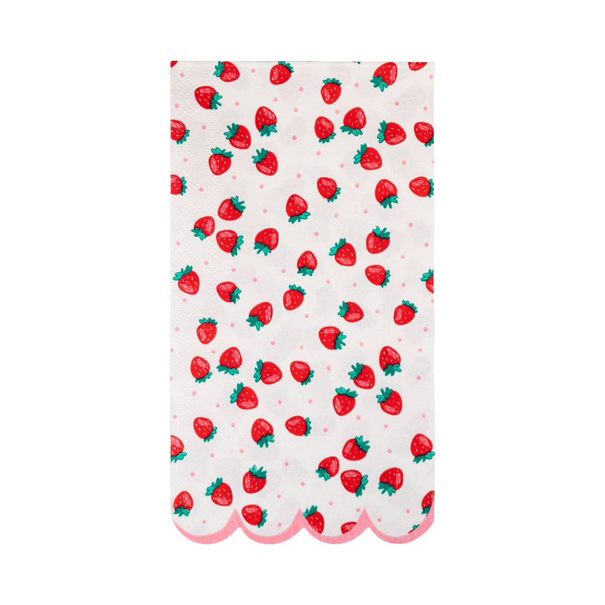 Single Strawberry Paper Guest Towel unfolded on white background showing the all-over strawberry print with red strawberries, green leafy stems, tiny pink polka dots on cream, and the pink scalloped bottom edge