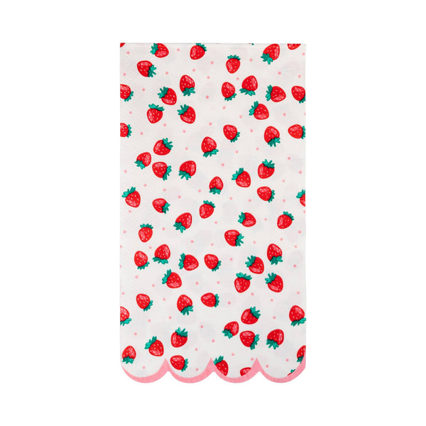 Single Strawberry Paper Guest Towel unfolded on white background showing the all-over strawberry print with red strawberries, green leafy stems, tiny pink polka dots on cream, and the pink scalloped bottom edge