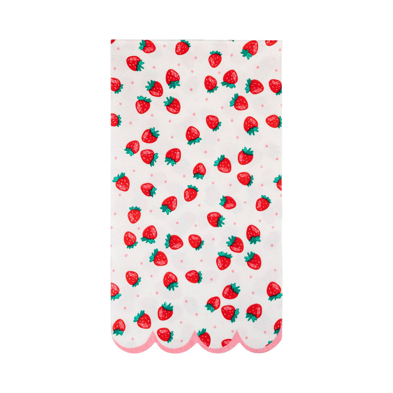 Single Strawberry Paper Guest Towel unfolded on white background showing the all-over strawberry print with red strawberries, green leafy stems, tiny pink polka dots on cream, and the pink scalloped bottom edge