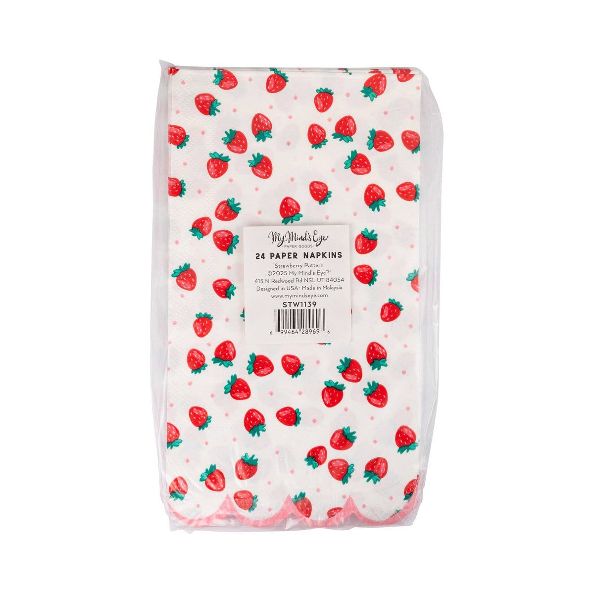 Stack of Strawberry Paper Guest Towels in packaging showing strawberry print on cream with pink polka dots, pink scalloped bottom edge, and My Mind's Eye paper goods product label confirming 24 paper napkins strawberry pattern, SKU STW1139