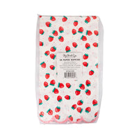 Stack of Strawberry Paper Guest Towels in packaging showing strawberry print on cream with pink polka dots, pink scalloped bottom edge, and My Mind's Eye paper goods product label confirming 24 paper napkins strawberry pattern, SKU STW1139
