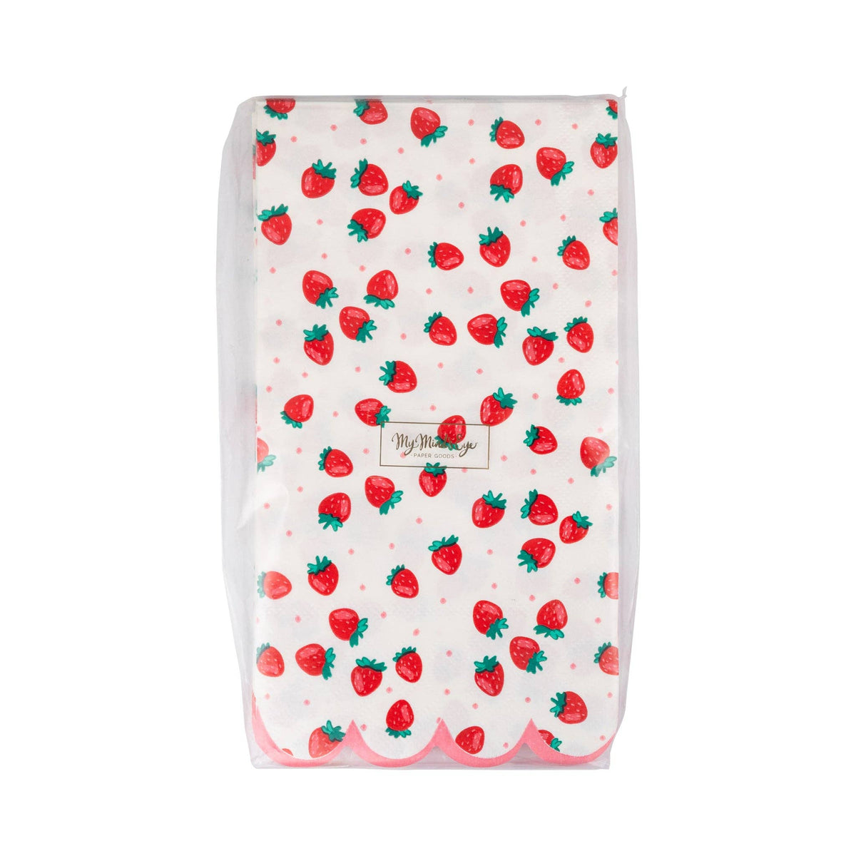 Front view of unopened Strawberry Paper Guest Towels package showing the strawberry print pattern with red strawberries and green leafy stems scattered on cream background with tiny pink polka dots, finished with a pink scalloped edge