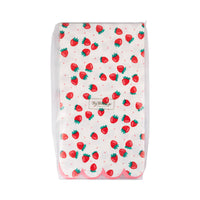Front view of unopened Strawberry Paper Guest Towels package showing the strawberry print pattern with red strawberries and green leafy stems scattered on cream background with tiny pink polka dots, finished with a pink scalloped edge