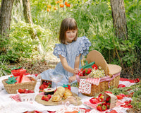 Outdoor summer strawberry picnic with a young girl in a blue gingham dress sitting on a white quilt and red gingham blanket beside a wicker picnic basket filled with fresh strawberries, surrounded by Strawberry Paper Guest Towels, strawberry-shaped gift bags, strawberry scalloped dinner plates, and a pink-and-red grid plaid plate