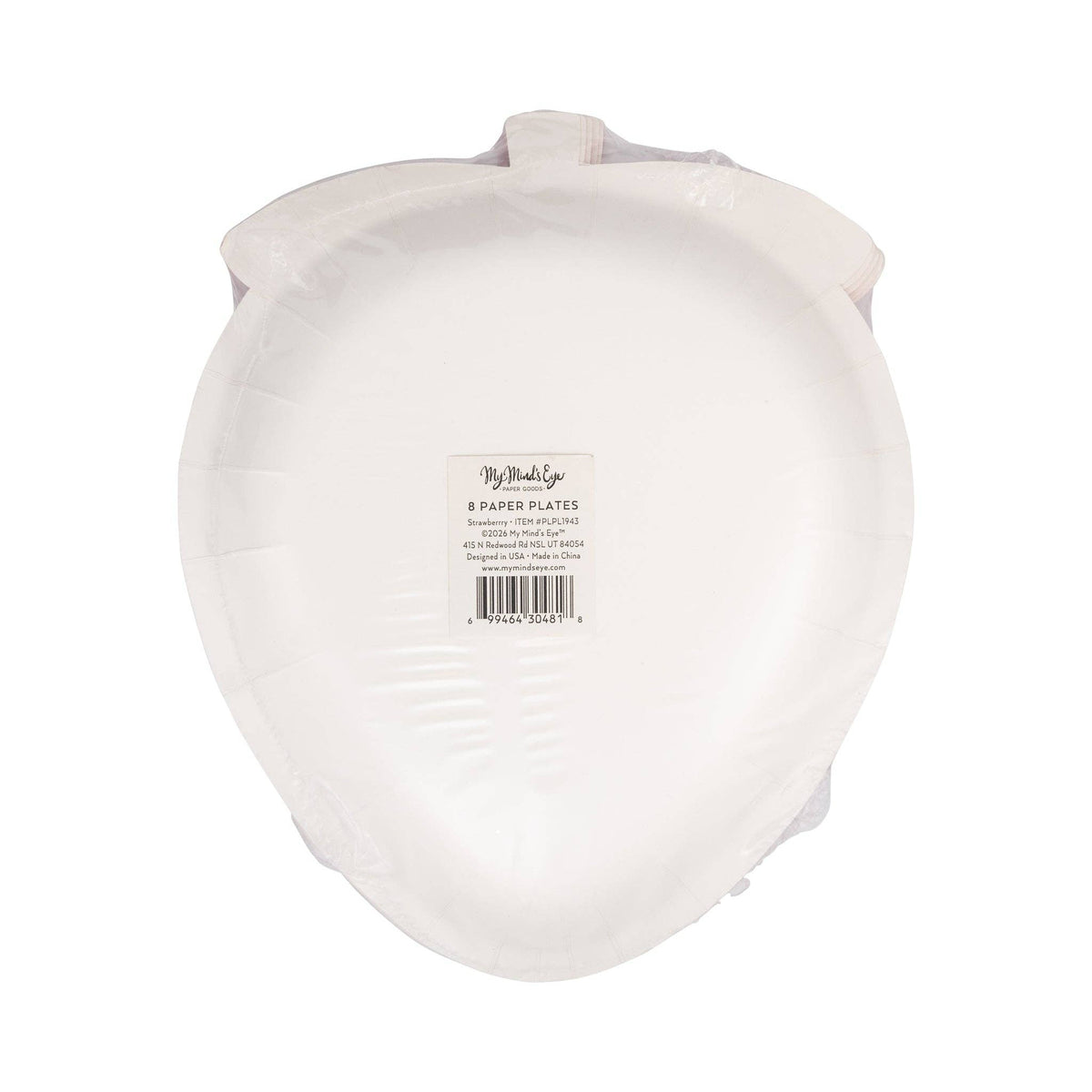Back view of packaged strawberry paper plates with product label visible.