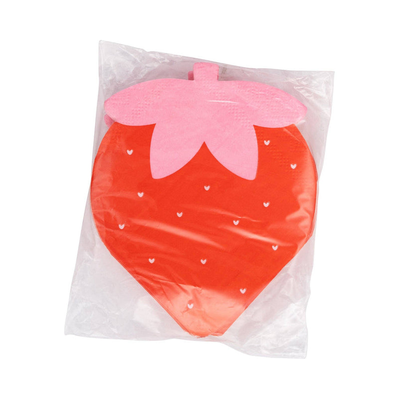 This photo shows a package of strawberry-shaped cocktail napkins inside a clear plastic bag.
