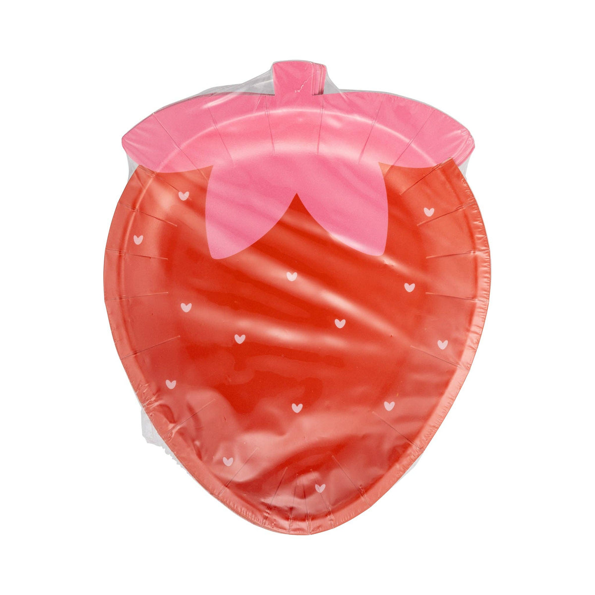 Packaged strawberry shaped paper plates wrapped in clear plastic packaging.
