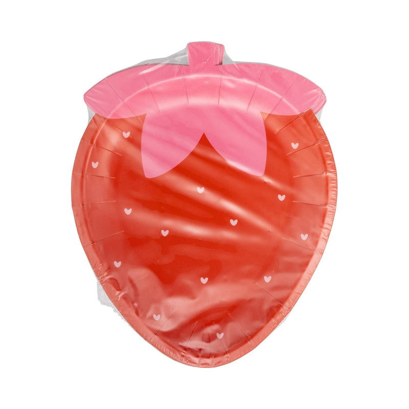 Packaged strawberry shaped paper plates wrapped in clear plastic packaging.
