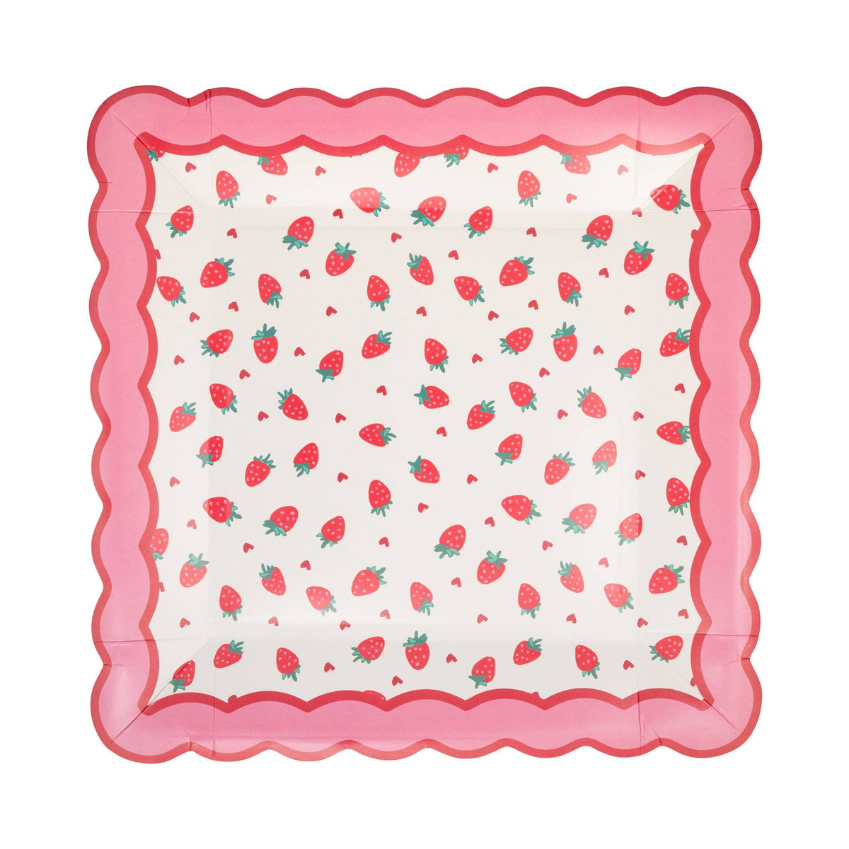 Square scalloped paper plate with pink border and strawberry and heart pattern design.
