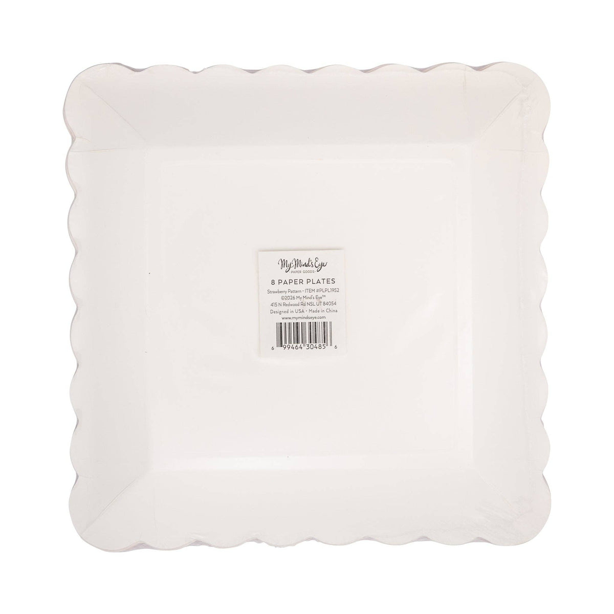 Back view of packaged strawberry pattern paper plates with product label visible.