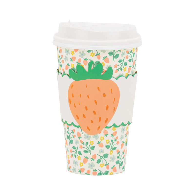 Close up of a Strawberry Pattern To Go Cups product showing the lid, floral cup, and Cottagecore Chic strawberry motif sleeve.