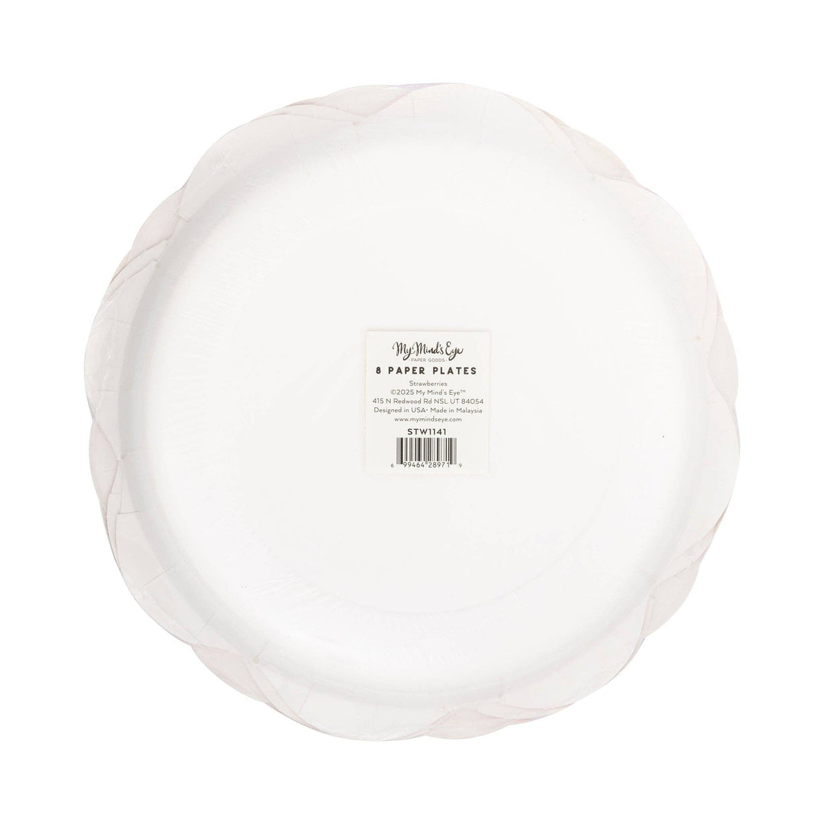 Back view of Strawberry Scalloped Paper Dinner Plate showing the pink scalloped edge profile and the My Mind's Eye paper goods product label confirming 8 paper plates strawberries design, SKU STW1141