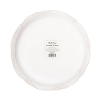 Back view of Strawberry Scalloped Paper Dinner Plate showing the pink scalloped edge profile and the My Mind's Eye paper goods product label confirming 8 paper plates strawberries design, SKU STW1141