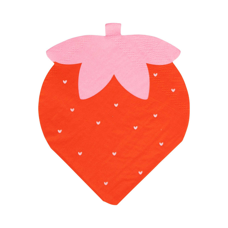 This image shows a strawberry-shaped cocktail napkin with a red berry design and pink leafy top.
