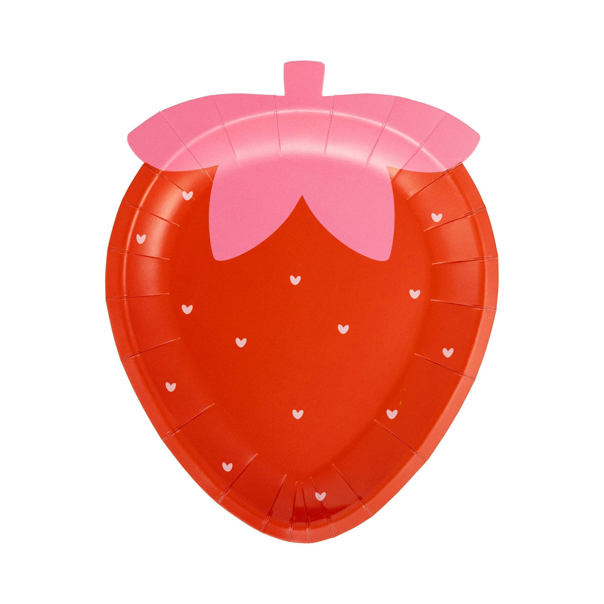 Strawberry shaped paper plate with red berry design and pink leafy top with heart seed details.
