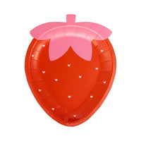 Strawberry shaped paper plate with red berry design and pink leafy top with heart seed details.
