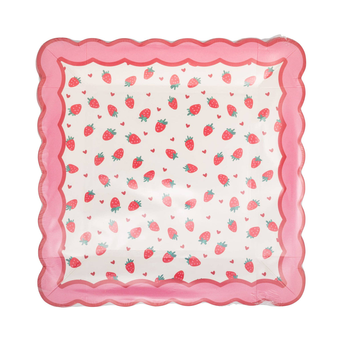 Packaged strawberry pattern square paper plates wrapped in clear plastic.
