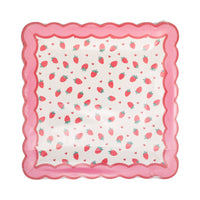 Packaged strawberry pattern square paper plates wrapped in clear plastic.
