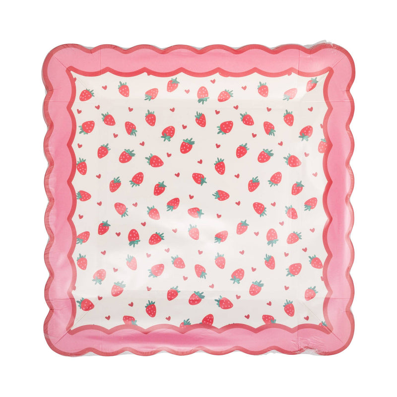 Packaged strawberry pattern square paper plates wrapped in clear plastic.
