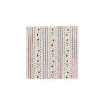 Single strawberry stripe paper cocktail napkin on a white background showing vertical stripes of red ric-rac, blue gingham, gold star columns, and tiny red strawberry vines