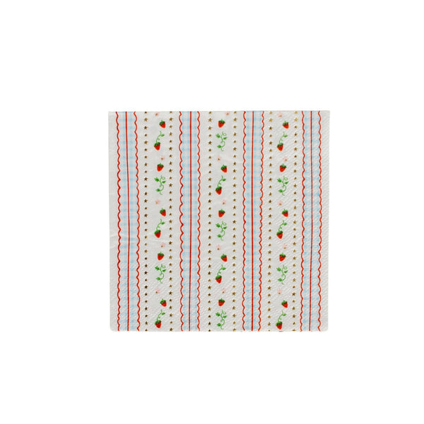 Single strawberry stripe paper cocktail napkin on a white background showing vertical stripes of red ric-rac, blue gingham, gold star columns, and tiny red strawberry vines