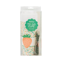 Retail packaging for 8 Strawberry Pattern To Go Cups with matching sleeves and lids.