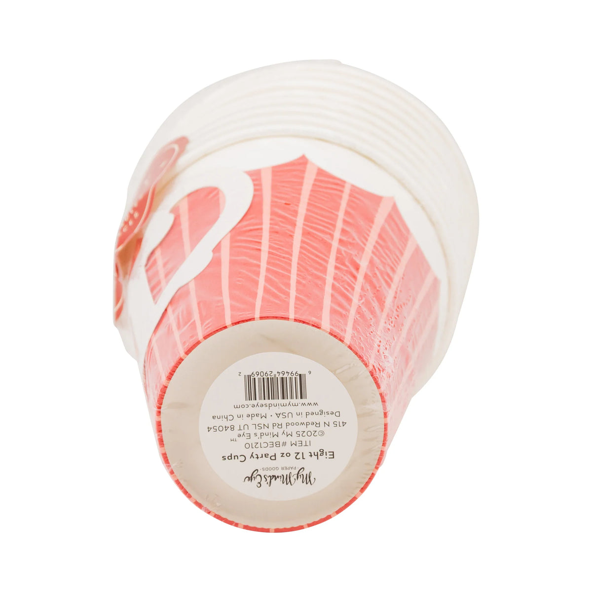 Stack of 12oz striped Christmas coffee cups disposable showing the packaging details and barcode.