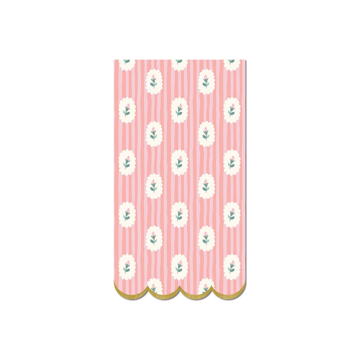 Pink striped floral paper dinner napkin with scalloped gold edge on white background