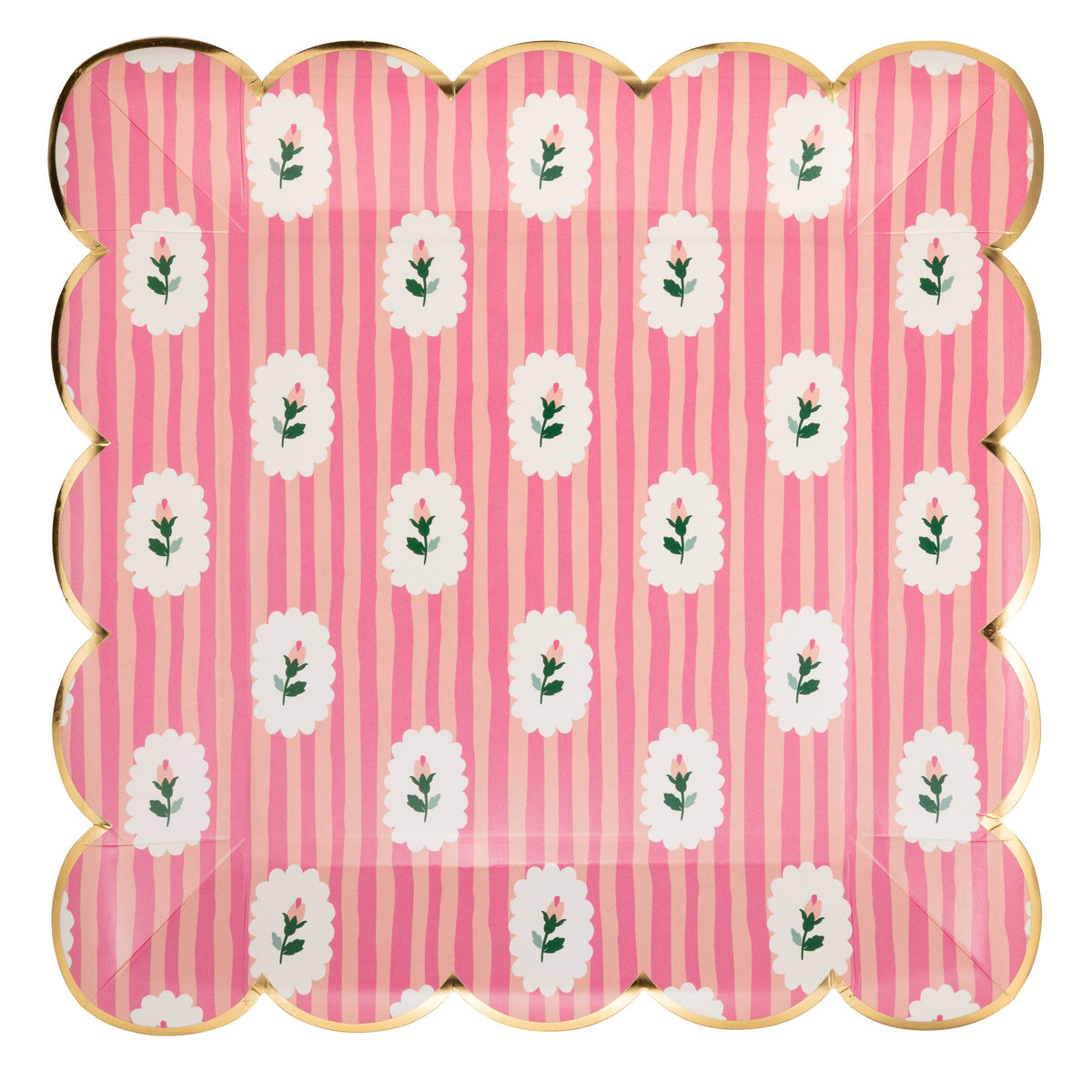 Pink striped floral paper plate with gold scalloped edge on white background