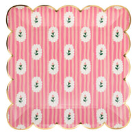 Pink striped floral paper plate with gold scalloped edge on white background