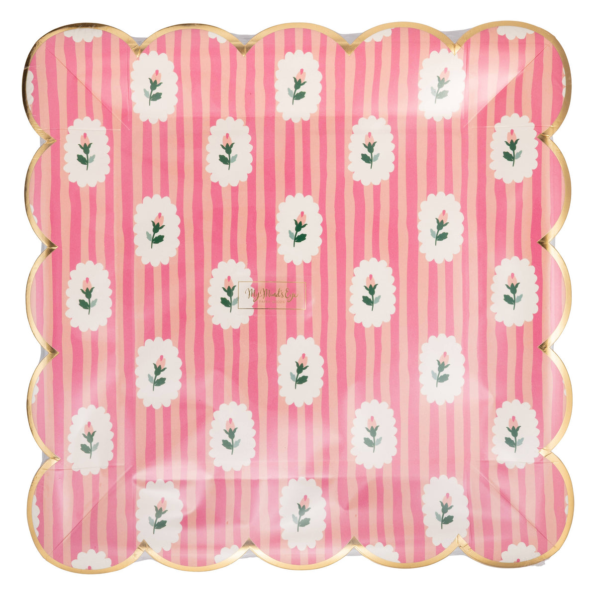 Packaged striped floral pink paper plates showing full design